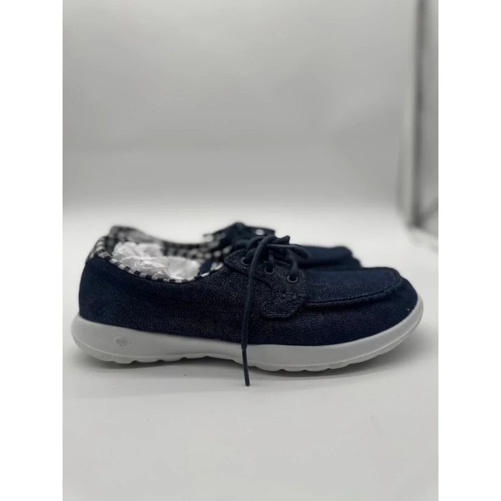Skechers On-The-Go Womens 7 Navy Denim Gingham Boat Shoes Goga Max Loafers